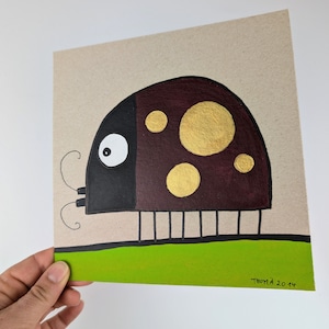 Escarabajo de la suerte / mural apto para niños / pintura original hecha a mano con pintura acrílica sobre cartón / linda mariquita / amuleto de la suerte