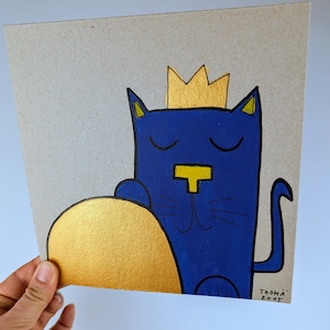Rey gato / mural apto para niños / cuadro original hecho a mano con pintura acrílica sobre cartón / pieza única pintada a mano / gato azul
