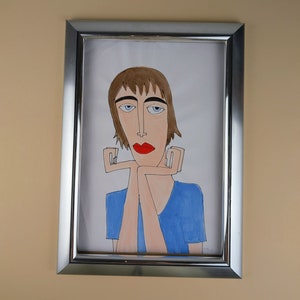 cuadro pintado a mano / retrato de mujer morena / retrato andrógino / cuadro original con pintura acrílica y rotulador sobre papel / pieza única / mural