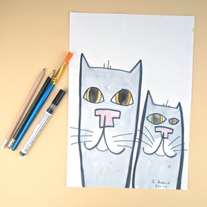handmade picture / kittens / original painting with tempera colours and marker on white paper / singleton / children suitable wall art
