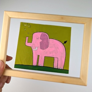 handmade picture / cute, pink elefant / original painting with acrylic colours on green wrapping paper / singleton / children suitable art