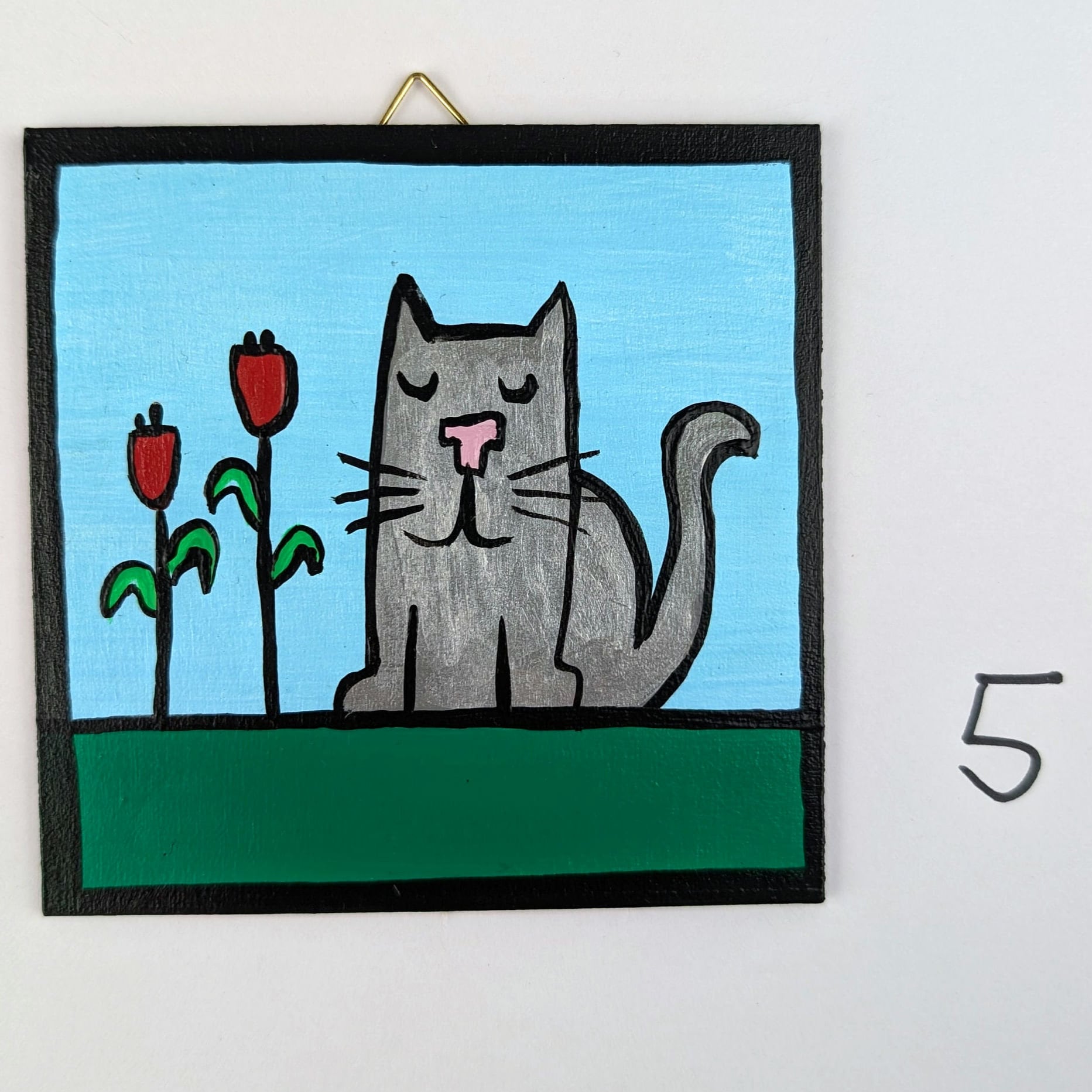 猫 / 木にアクリル絵の具で描いた子供向けの原画 / ユニークな作品