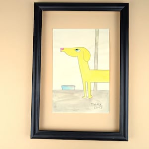 handmade picture / funny yellow dachshund / original painting with tempera colour and pencil on vanilla coloured paper / singleton