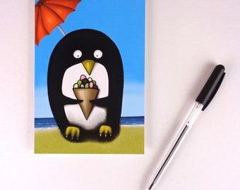 Pinguino con gelato / cartolina / biglietto di auguri per bambini / Din A 6 / formato verticale / carta da 300 g / stampa opaca / biglietto adatto ai bambini senza testo