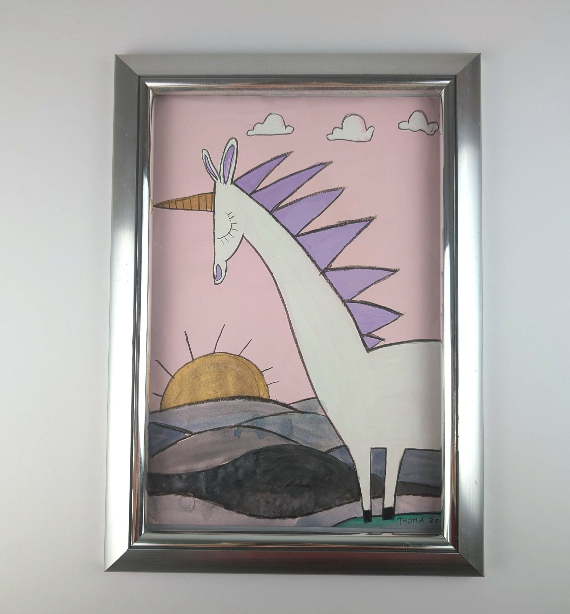 手描きの絵 / 日の出のユニコーン / ピンクの紙にアクリル絵の具と