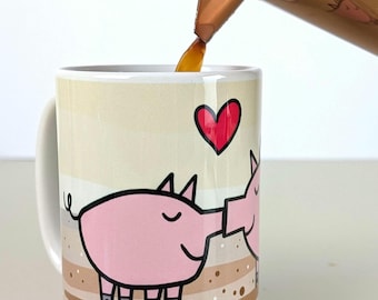 kissing pigs / coffee mug / big mug / 425 ml / 15 oz / coffe mug for lovers with cute and funny kissing pigs / funny gift Valentinesday