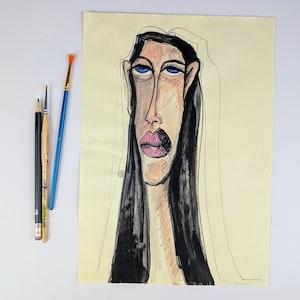handmade picture / female portrait with long neck / original painting with acrylic colours on vanilla coloured paper / singleton / wall art