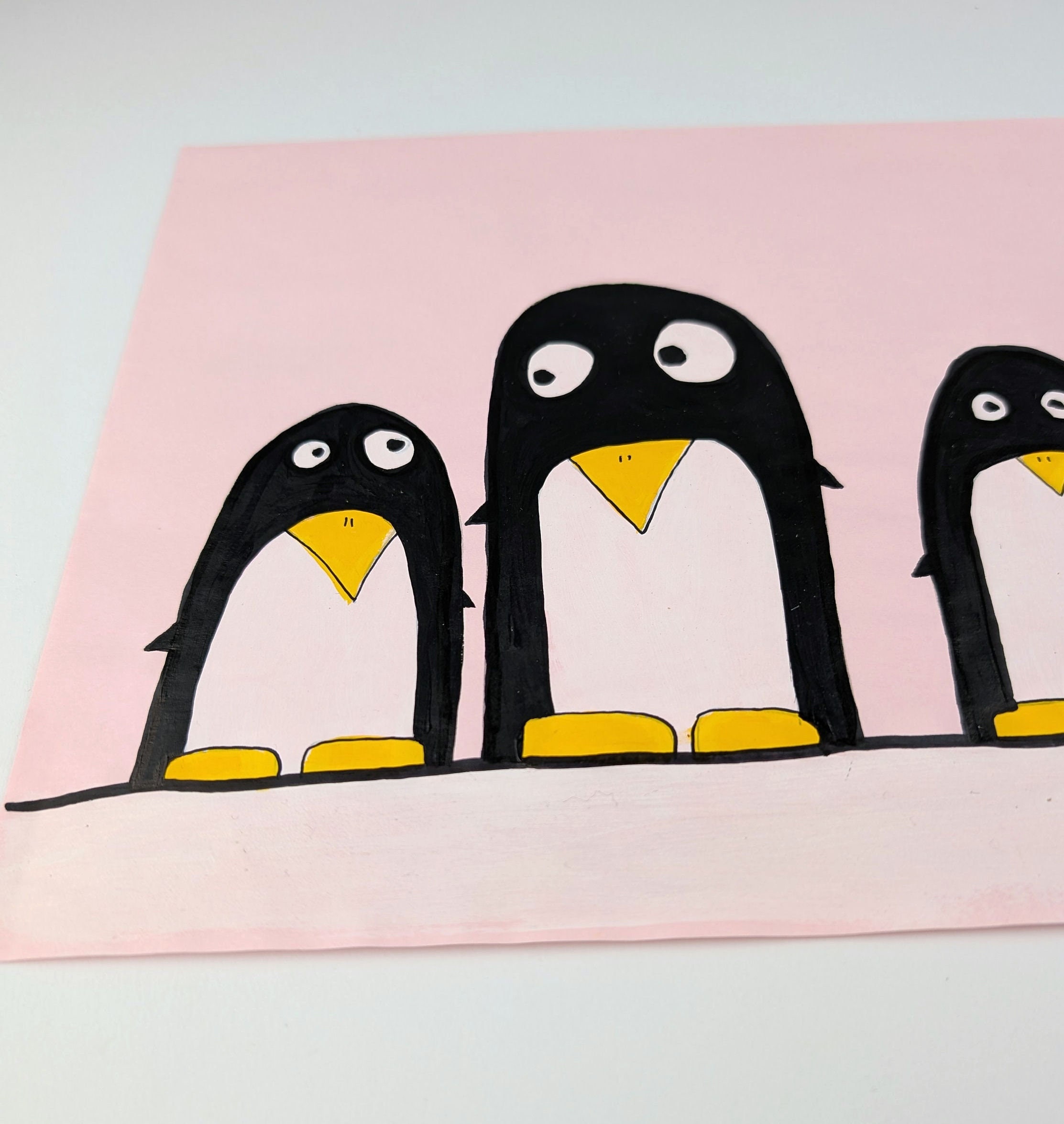 手描きの絵 / ペンギンの家族 / かわいいペンギン / ピンクの紙に