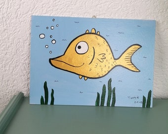 joli poisson rouge / peinture originale adaptée aux enfants avec peinture acrylique sur bois / pièce unique / image peinte à la main pour la chambre des enfants