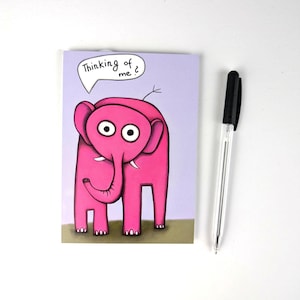 Éléphant rose / carte postale amusante / carte de vœux / penses-tu à moi / Din A 6 / format portrait / papier 300 g / impression mate / carte sans texte