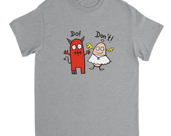 Kleine Duivel en Kleine Engel / Grappig T-shirt / Zwaargewicht Unisex T-shirt met ronde hals / Bedrukt katoenen T-shirt / Engel en Duivel