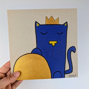 Rey gato / mural pintado a mano / pintura original hecha a mano para niños con pintura acrílica sobre cartón / gato azul con corona
