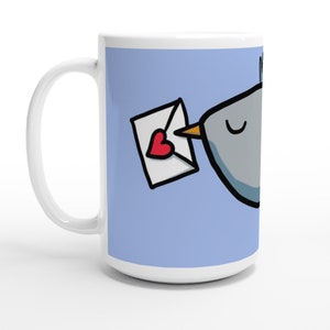 Pájaro con carta de amor / Taza de cerámica blanca / 425 ml / 15oz / taza de café impresa con lindo motivo / taza grande con lindo pájaro y carta