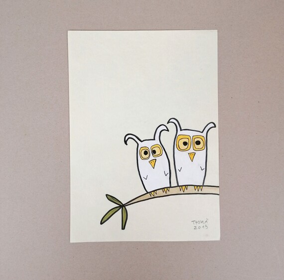 手描きの絵 / フクロウ / バニラ色の紙にアクリル絵の具とマーカーを