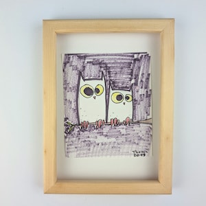 cuadro pintado a mano / búhos de noche / dibujo original apto para niños con lápiz, lápiz de color y rotulador sobre papel blanco / único