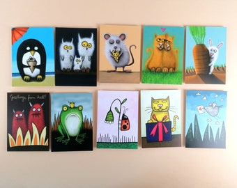 10 postales con diferentes motivos / set / postales con divertidos motivos de animales / postales para niños / 10 unidades / papel de 300 g / lindos animales