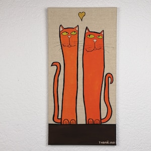 handmade acrylic painting / cat couple / child-oriented canvas art / singleton