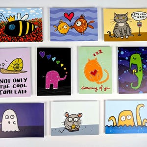 10 postales con motivos variados / set / postales con motivos divertidos de animales / postales alegres / 10 piezas / papel de 300 g / animales lindos