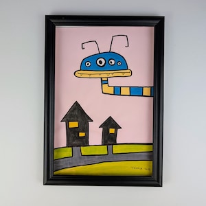 handgemaltes Bild / lustiger Außerirdischer / kindergerechte Malerei mit Acrylfarbe & Marker auf rosafarbenen Papier / Unikat / Einzelstück