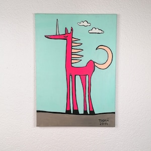 handgemaltes Acrylbild / rosa Einhorn / kindgerechte original Malerei mit Acrylfarbe auf Leinwand / neonpinkes Einhorn / Unikat / Handarbeit