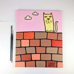 handmade acrylic painting / cat on wall / child-oriented canvas art / funny cat motif / singleton
