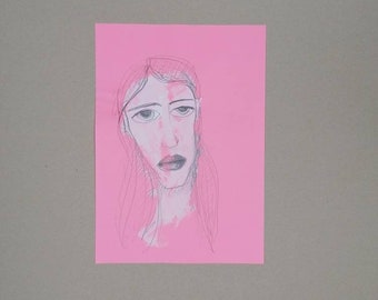 handmade picture / female portrait pink & white / original painting with acrylic colours on neon pink coloured paper / singleton