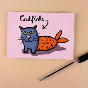 Pesce gatto / metà pesce e metà gatto / cartolina / biglietto carino con un motivo divertente / DinA6 / formato orizzontale / carta da 300 g / stampa opaca