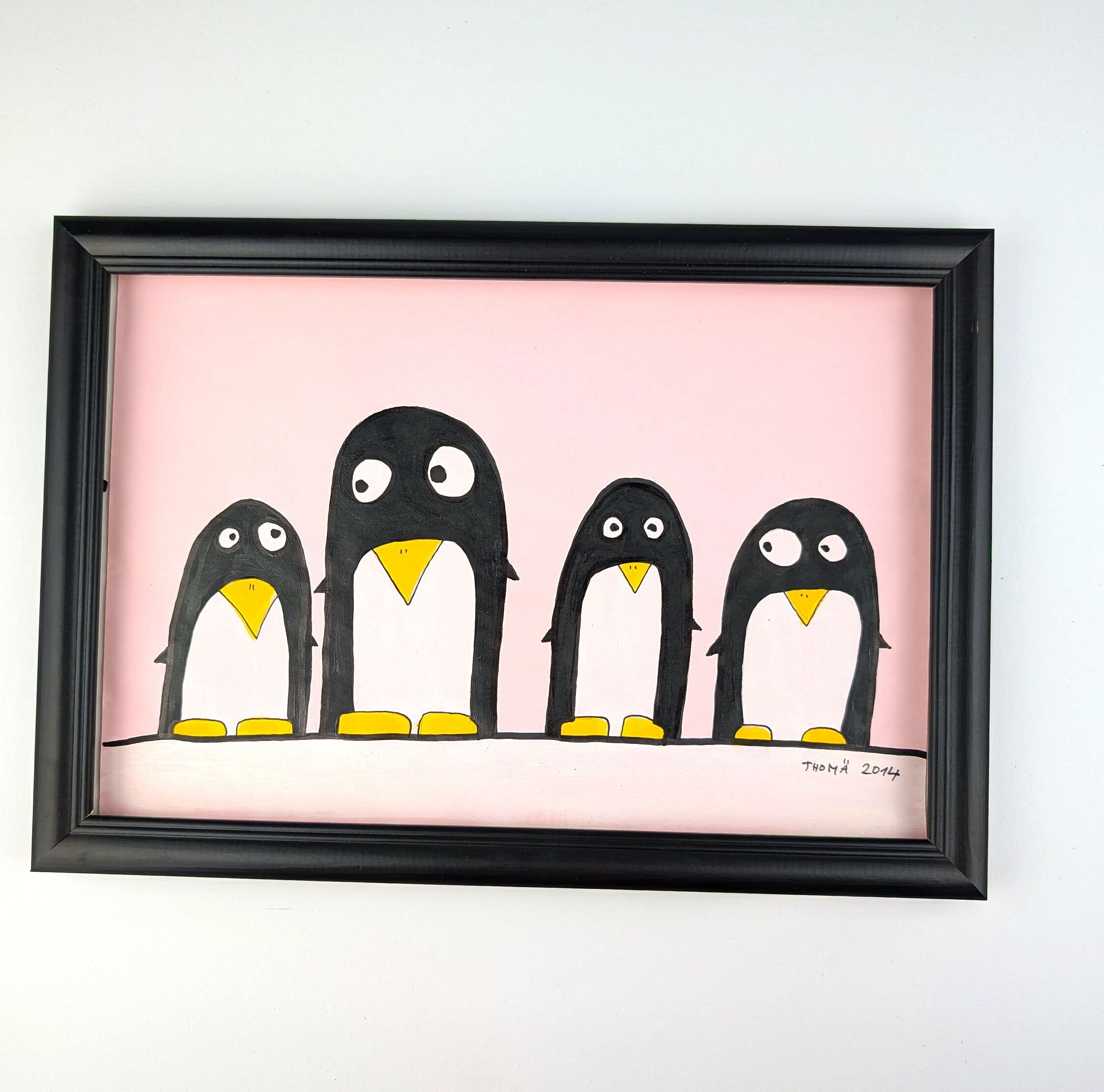 手描きの絵 / ペンギンの家族 / かわいいペンギン / ピンクの紙に