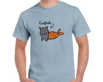 Pesce gatto / metà pesce metà gatto / maglietta divertente / maglietta unisex girocollo / maglietta in cotone stampato con pesce gatto