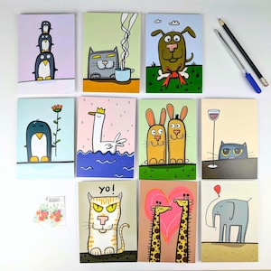 10 cartoline con motivi diversi / set / cartoline con divertenti motivi di animali / cartoline adatte ai bambini / 10 pezzi / carta da 300 g / simpatici animali