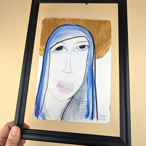 handmade picture / Mother Mary / original painting with acrylic colours, marker and pencil on white paper / singleton / modern religious art