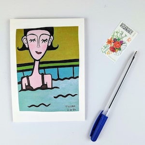 Im Schwimmbad / Postkarte mit Schwimmerin / Din A6  Karte / Hochformat / 300 g Naturpapier creme / Karte ohne Text / sommerliche Grußkarte