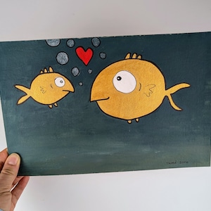 Goldfische / kindergerechtes Wandbild / original handgemachte Malerei mit Acrylfarbe auf Karton / verliebte Fische / süßes Fischbild