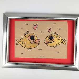 handmade picture / goldfishes in love / painting with acrylic colours on brown wrapping paper / singleton / children suitable wall art
