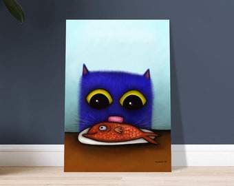 Cat with fish / child-friendly poster with a funny cat / poster made of matte 170 g paper / cute cat poster for the children's room