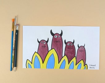 handgeschilderde afbeelding / grappige duivel / kindvriendelijk origineel schilderij met acrylverf en marker op wit papier / uniek / one-of-a-kind