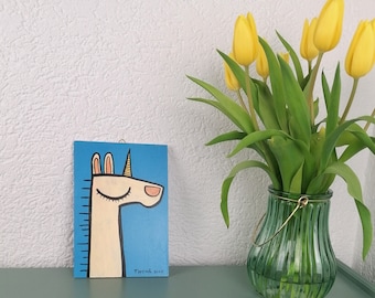 Unicorno/dipinto originale adatto ai bambini con pittura acrilica su legno/pezzo unico/quadro dipinto a mano per la cameretta dei bambini