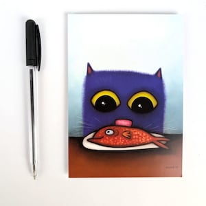 Chat avec poisson / carte postale avec chat / Din A 6 / format portrait / papier 300 g / impression mate / carte de vœux adaptée aux enfants avec un joli chat