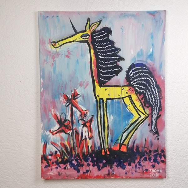 handmade acrylic painting / wild unicorn / child-oriented canvas art / singleton