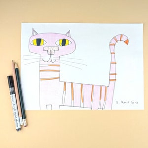 handmade picture / pink tiger cat / funny painting with pencils and marker on white paper / singleton / children suitable wall art