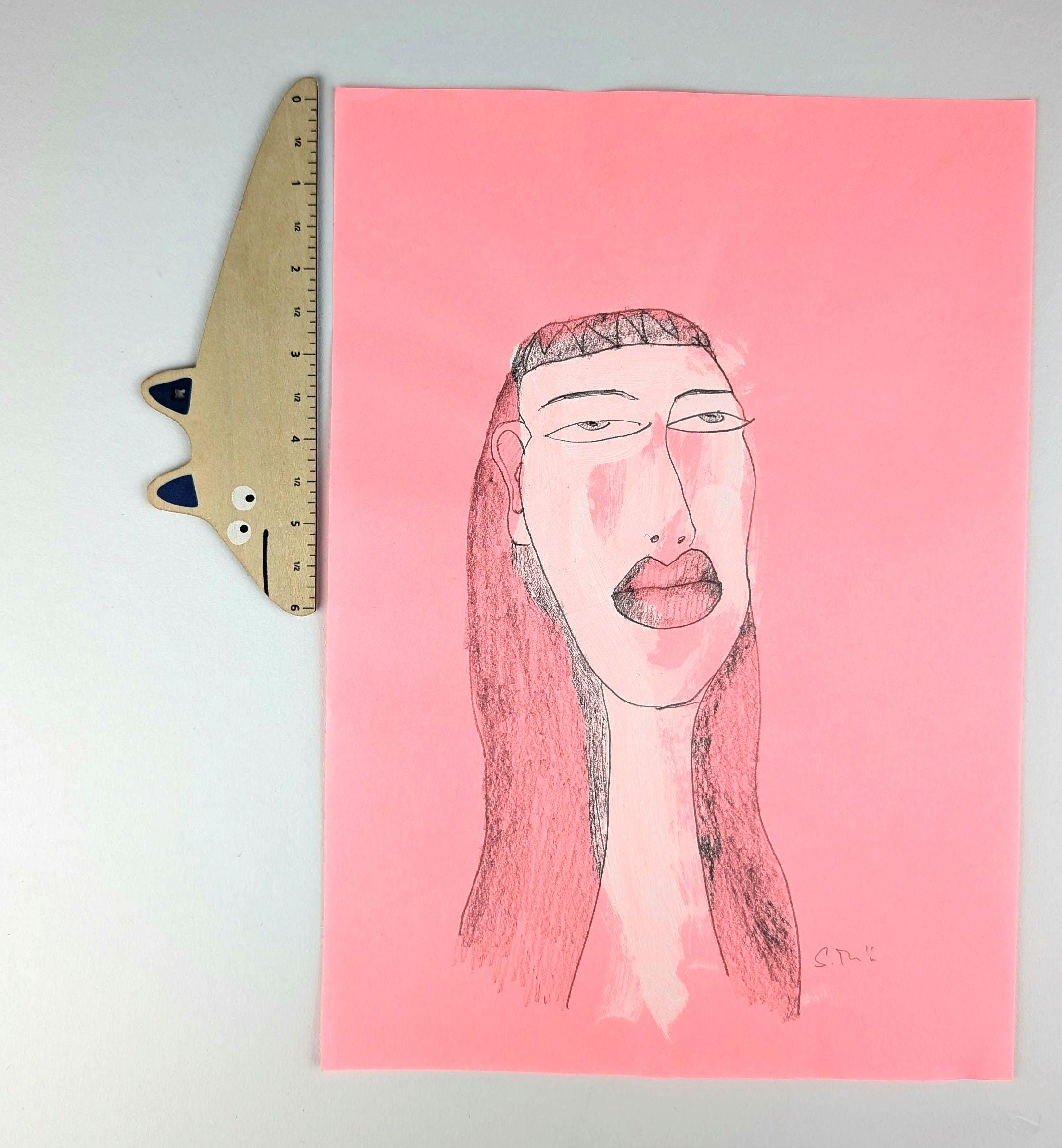 手描きの絵 / 女性のポートレート ピンクと白 / ネオンピンクの紙に