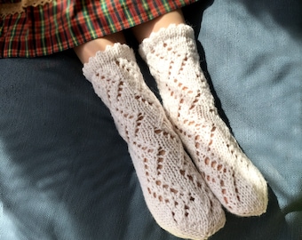 Knitted kid's lace socks, wool socks, children's socks, mid high socks, handmade, warm home socks, sheep wool socks, etnic folk socks