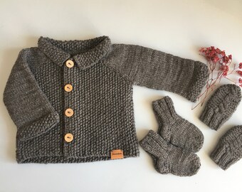 Knitted baby set - knitted cardigan mittens socks - baby dark gray clothing set - made to order