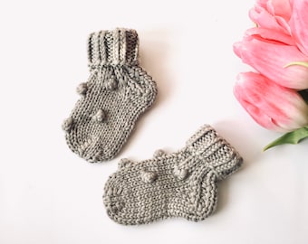 Baby knitted socks - handmade socks - popcorn pattern socks - color beige  - 100 % merino wool - made to order