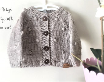 knitted baby cardigan, handmade jacket - popcorn pattern knitted cardigan, merino wool cardigan with buttons, made to order