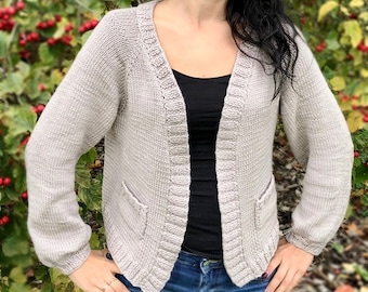 Womens cardigan, merino wool carigan, two front pockets, open-front basic cardigan, made to order