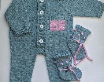 Knitted baby overall romper and socks - handmade - 100 % merino wool - made to order