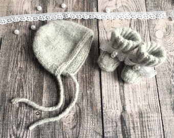 Baby clothing set, bonnet and booties, alpaca merino wool, baptism christening outfit, baby shower gift,  lace and pearls, made to order