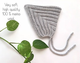 Baby knit hat, elf hat, gray bonnet hat, size 0-3 month, ready to send, handmade, 100 % merino wool, knitted baby bonnet