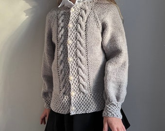 Girl's cardigan, knitted kids jacket, cardigan with buttons, merino wool jacket, cable knitted cardigan, toddler knits, hanmade